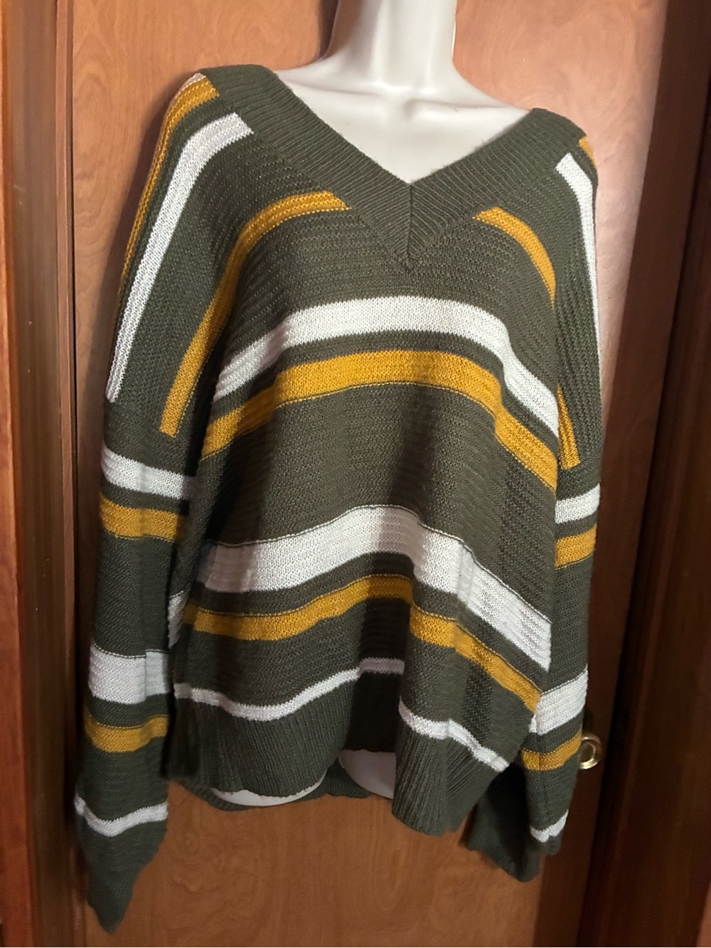 Women’s Olive Striped V-Neck Sweater with Mustard and White